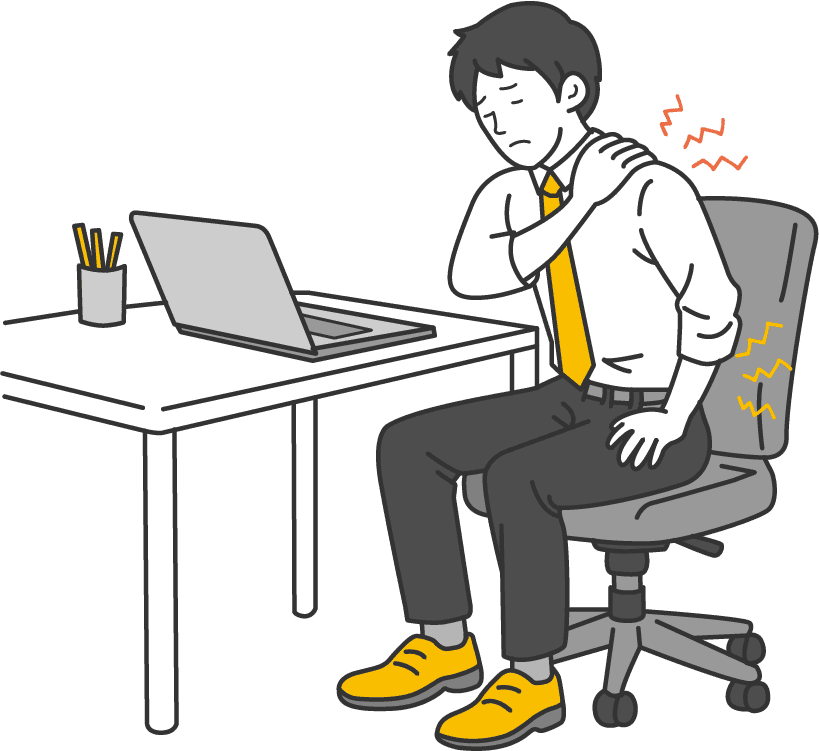 デスクワークで肩や腰に不調を感じる人のイラスト