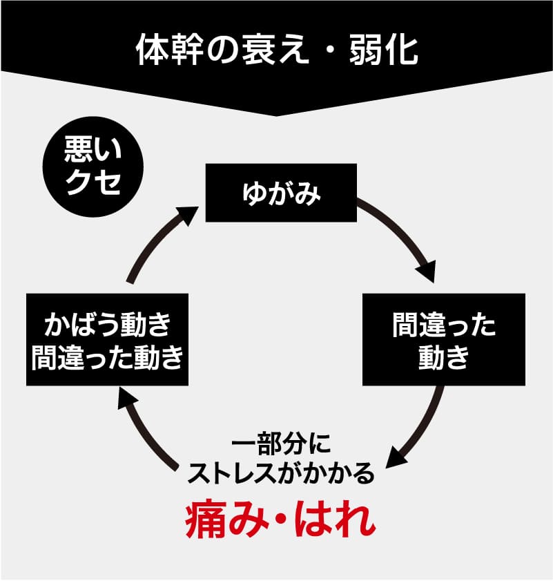 体幹の衰えや弱化から、ゆがみや間違った動きが生じ、痛みや腫れにつながる流れ