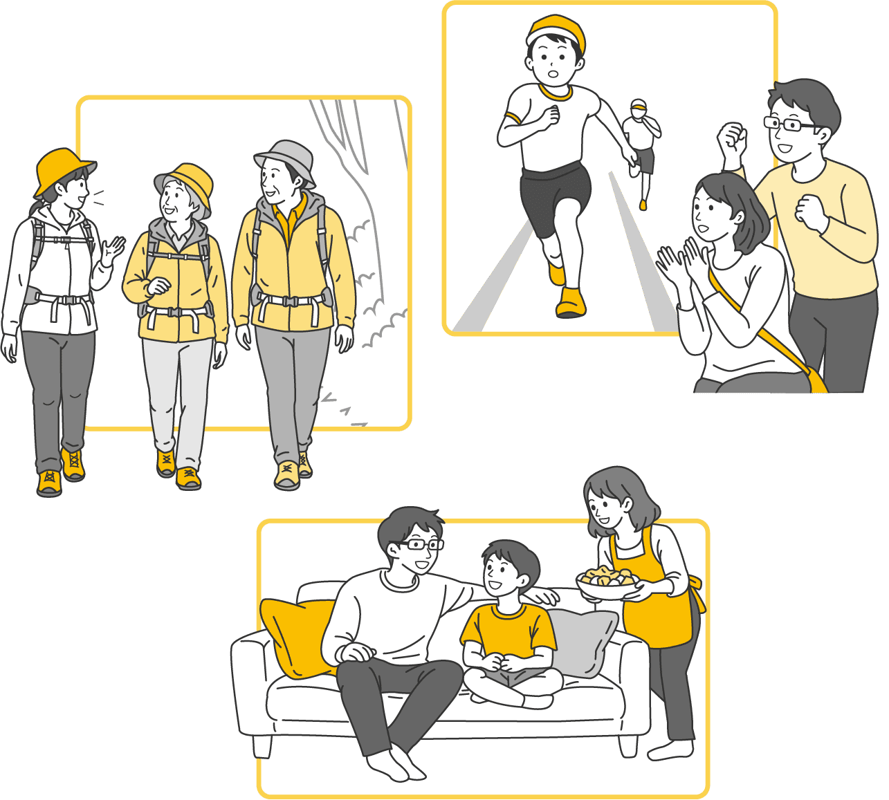 動ける日常を楽しむ家族や人々のイラスト