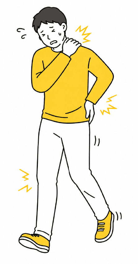 首や腰などに痛みが出ている男性のイラスト