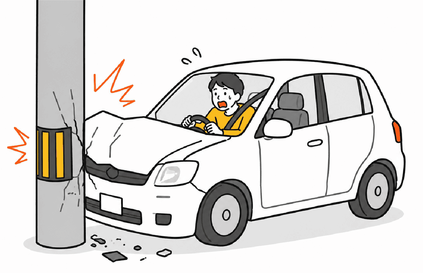 車が電柱に衝突している交通事故のイラスト